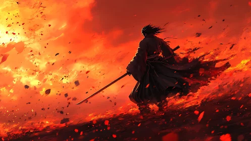 Lone samurai silhouette walking through blazing inferno sky.