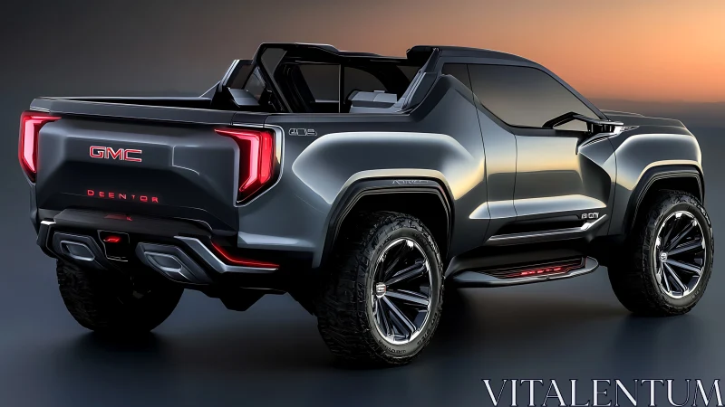Futuristic GMC concept truck glows under a dramatic sunset sky.