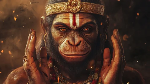 Divine simian warrior gazes forward in fiery devotion