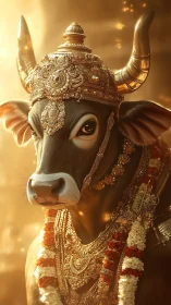 Sacred cow portrait wearing ornate gold crown and garlands