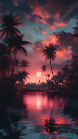 Tropical river under vivid pink sunset sky reflection.
