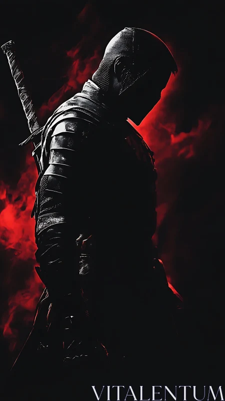 Armored swordsman silhouette against high-contrast red backlight