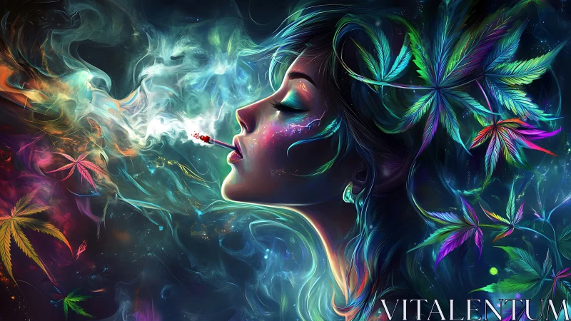 Psychedelic profile portrait with luminescent smoke vectors.
