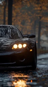 Midnight coupe prowls a rain-slick forest road at dusk