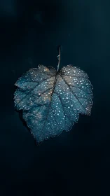 Moody closeup leaf with raindrops against deep blue background.