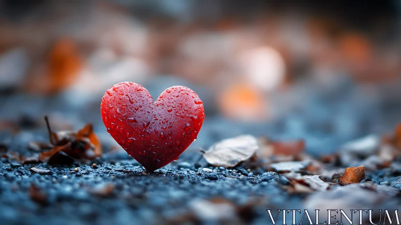 Red Heart on Gravel Ground Glistening with Water Droplets.