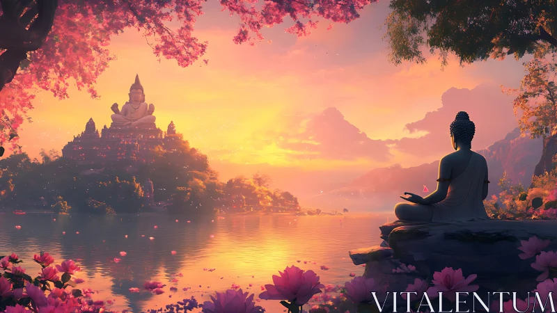 Meditative silhouette facing monumental lotus temple at dusk.