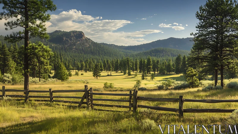 Pine meadow valley framed by rustic wooden fence at sunset.