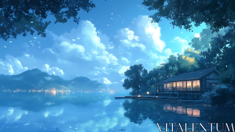 Digital painting of lakeside house under luminous evening sky.