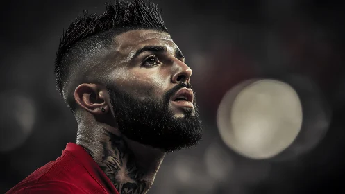 Photorealistic low-angle sports portrait with bokeh lighting.