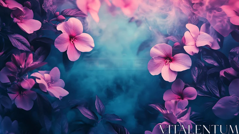 Pink Flowers Framed by Turquoise Haze.