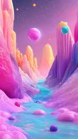 Pastel alien canyon channels glowing liquid under floating orbs