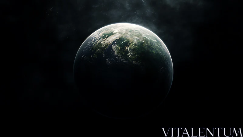 Lush exoplanet glows against deep space shadowed void.