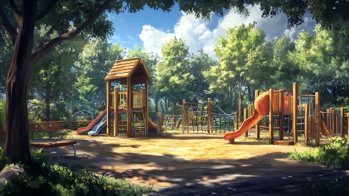 Sunlit playground sits empty under dense leafy trees