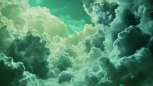Dense teal tinted cumulus clouds fill vertical sky space