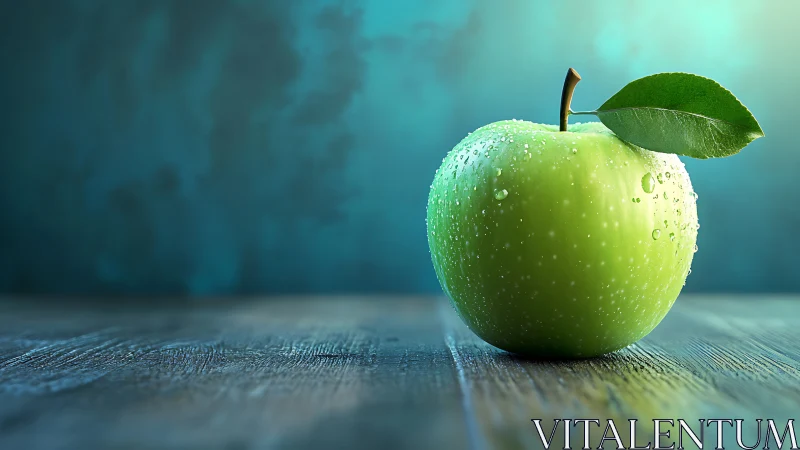 Green apple rests on wood under cool studio lighting