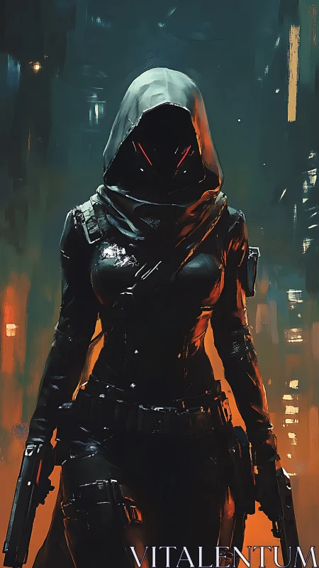 Hooded cyber assassin walks through neon smoke and silence