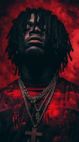 Portrait shows subject in red-tinted lighting with necklaces