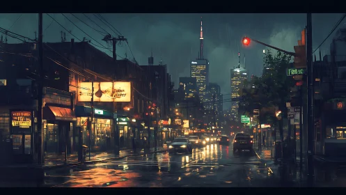 Rainy city street shows wet reflections and distant skyline