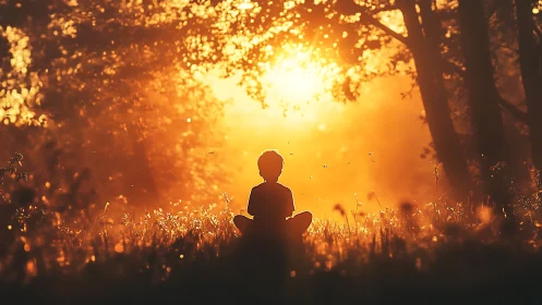 Backlit child silhouette in forest clearing at golden hour.