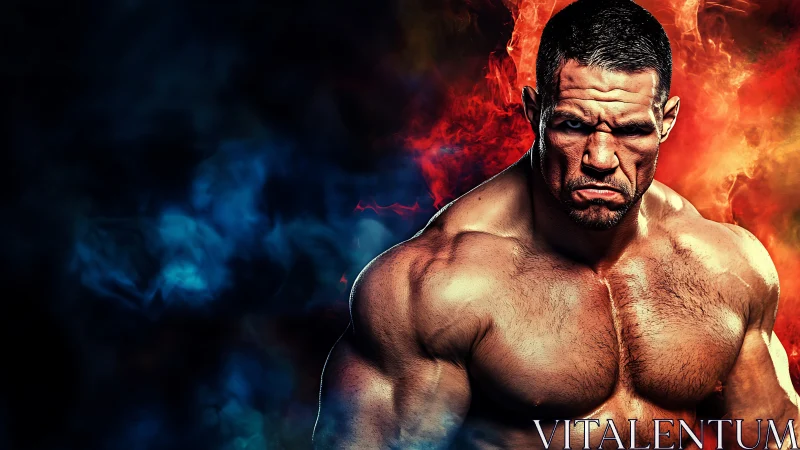 Muscular fighter portrait framed by blue and red flames.
