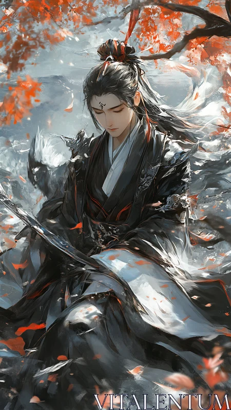 Stoic swordsman meditates beneath a storm of crimson leaves