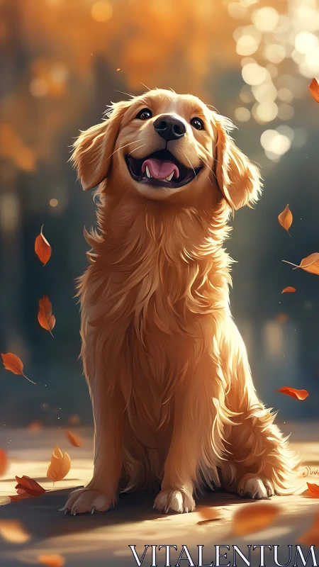 Digital painting of golden retriever in autumnal bokeh light.