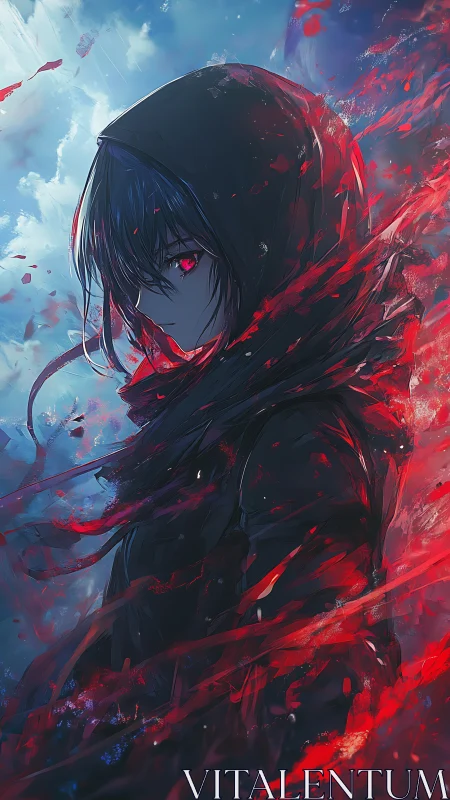 Hooded anime figure with glowing red eyes stands amid red streaks