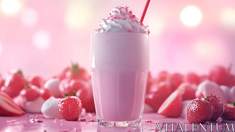 Photorealistic strawberry milkshake with bokeh dessert styling.