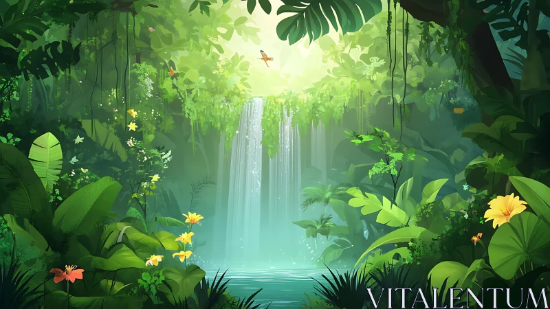 Luminous jungle waterfall sanctuary with cascading water and radiant canopy glow.