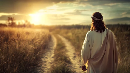 Robe-clad figure walking alone on rural path at sunset.