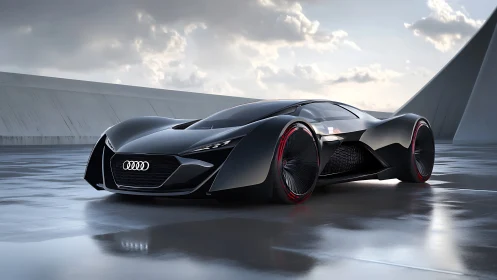 Futuristic black concept supercar on wet reflective runway.