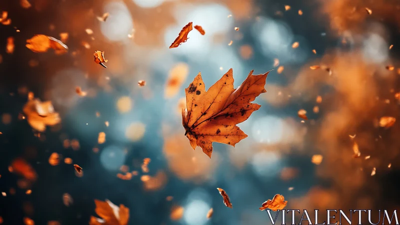 Single autumn leaf drifts through a warm, dreamy bokeh glow