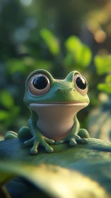 Green frog character sits on leaf in shallow depth of field