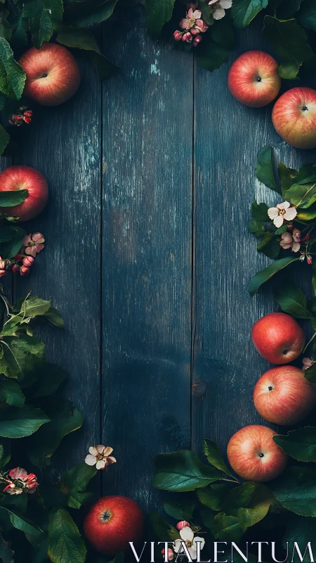 Red apples and green foliage aligned on weathered wood.