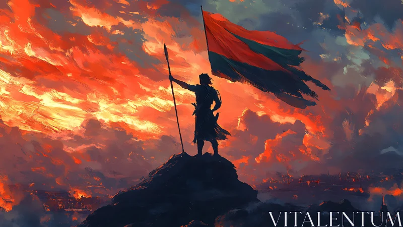 Warrior silhouette with banner over burning horizon sky.