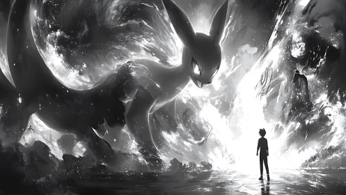 Stormlit guardian creature meets lone dreamer at the brink.