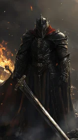 Flame‑lit dark knight in ornate gothic armor with greatsword