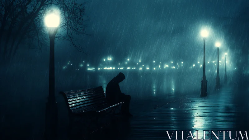 Moody park bench silhouette in nocturnal rain composition.