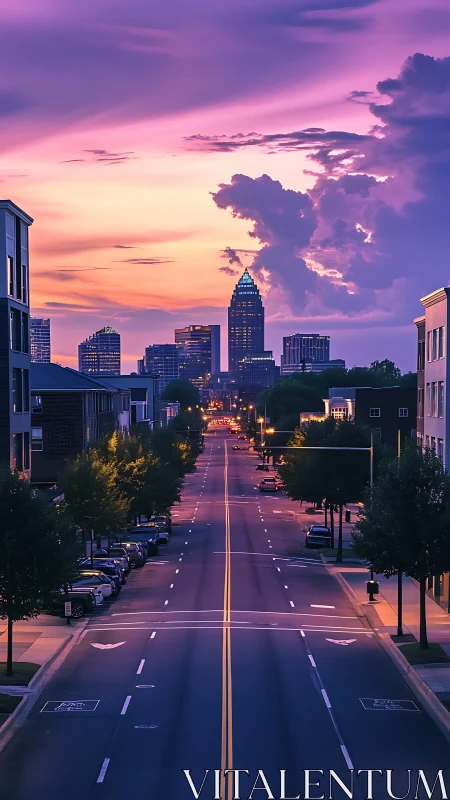 Sunset city avenue leads toward distant illuminated skyline