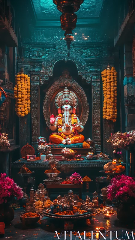 Ganesh idol in ornate shrine with cinematic warm lighting.