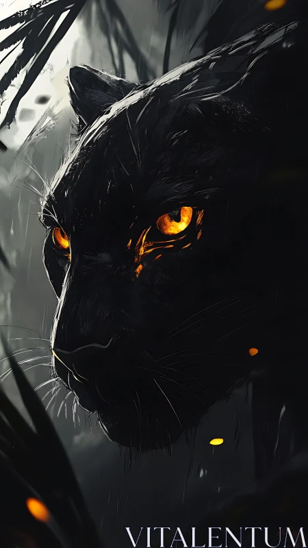 Black Panther with Glowing Golden Eyes in Moody Rain