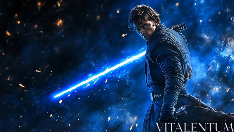 High-contrast sci-fi warrior with energized blue plasma blade stance