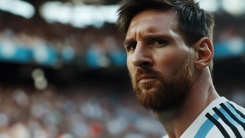 Focused footballer glances toward stadium crowd during match