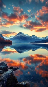 Snow-covered mountain ridge with reflective lake surface.