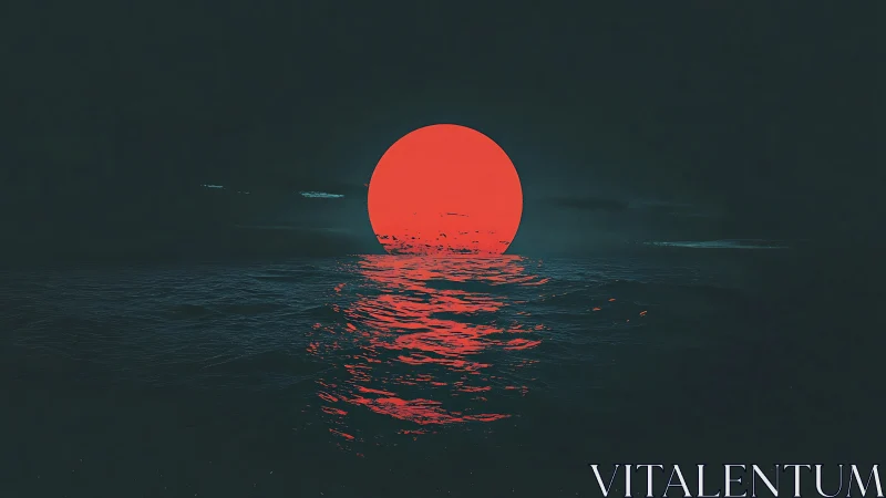 Crimson sun sinks over dark ocean, casting neon reflections.