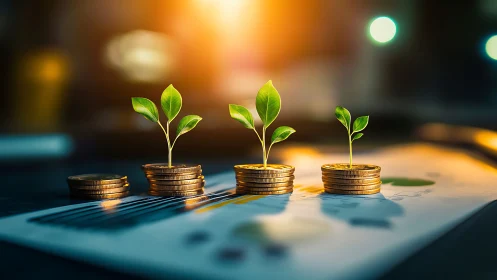 Sunlit coin gardens sprout symbols of steady financial growth.