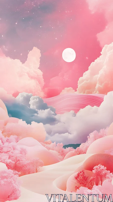 Digital landscape depicts layered pink clouds under full moon