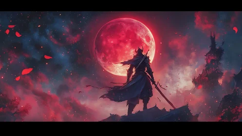 Samurai silhouette confronts blood-red moon in cinematic sky