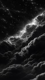 Storm-forged cloud mountains quietly invade a glittered cosmos